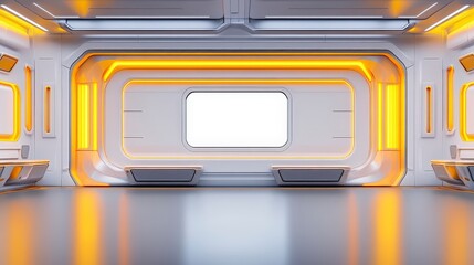 Poster - Futuristic bright interior space with orange and white light accents