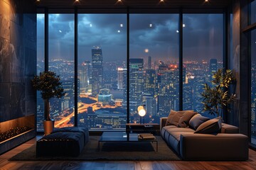 Luxury living room on a high-rise apartment with large window night light cityscape