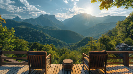 Poster - Scenic mountain view from a wooden deck with comfortable seating, overlooking lush green valleys and sunlit peaks in a serene, outdoor setting. Generative AI.