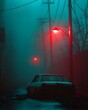 © Tachfine Art - high-definition dark photograph of an eerie mysterious city alleyway scene with red accent. an abandoned old car.