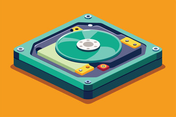 Poster - This illustration showcases a colorful hard drive design with intricate components on an orange background, Customizable semi-flat illustration of a hard drive.