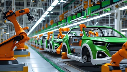 Wall Mural - Futuristic Automated Car Assembly Line Showcasing Robotic Precision and Green Energy Innovations in Efficient Industrial Production and Transportation Technology