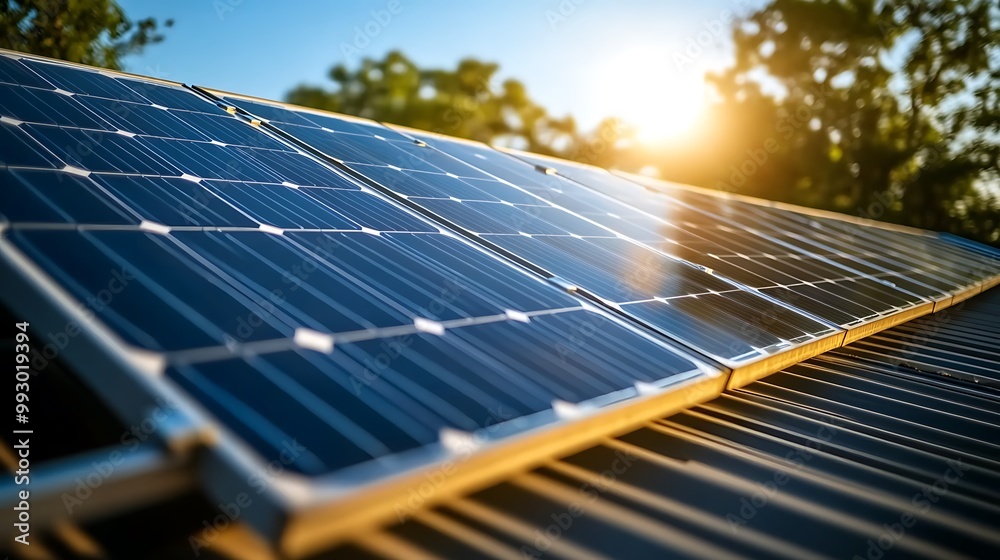 A close-up view of solar panels on a modern rooftop, reflecting bright ...