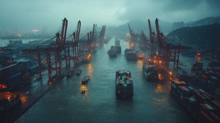 Wall Mural - Harbor at Dusk with Cargo Ships and Cranes