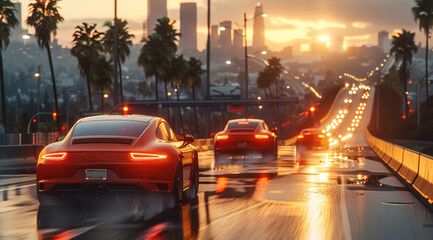 Poster - The cars racing in the city. morning weather. Generative AI.