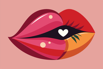 Poster - A vibrant and colorful illustration showcases a playful kiss with a heart between the lips, featuring bold colors, Customizable semi-flat illustration of a kiss.