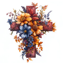 Wall Mural - A wooden cross with flowers. Autumn, Christmas. Thanksgiving day.