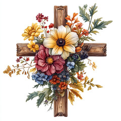 Canvas Print - A wooden cross with flowers. Autumn, Christmas. Thanksgiving day.