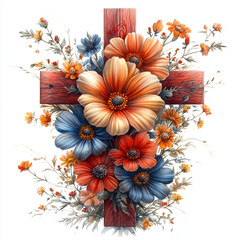 Wall Mural - A wooden cross with flowers. Autumn, Christmas. Thanksgiving day.