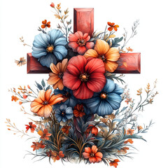 Sticker - A wooden cross with flowers. Autumn, Christmas. Thanksgiving day.