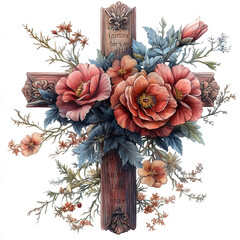 Canvas Print - A wooden cross with flowers. Autumn, Christmas. Thanksgiving day.