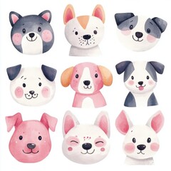 Poster - Cute Dog Faces Watercolor.