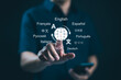© Supatman - Multilingual Language Translation, Communication Concept. A person with icons various languages, global language translate, multilingual technology, and international connections. AI Translator,