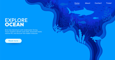 Wall Mural - Landing page with paper cut underwater landscape. Vector web banner featuring a variety of marine life like shark, fish and turtle among coral reefs inviting adventure and exploration for diving tours