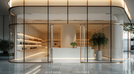 Poster - A glass doors entrance of a high end luxury skincare boutique, minimal architecture, white with gold details, luxury feeling. Generative AI.