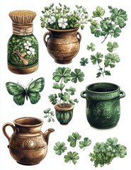 Wall Mural - Shamrock & Pots Watercolor.