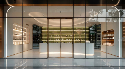 Poster - A glass doors entrance of a high end luxury skincare boutique, minimal architecture, white with gold details, luxury feeling. Generative AI.