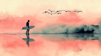 Surfer at sunset, reflecting on waves and birds in the sky.