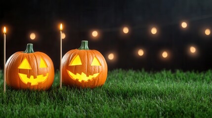 Two glowing pumpkins on grass with candlelight ambiance.