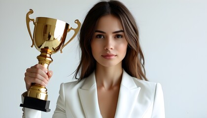 Professional woman in white suit proudly holding gold trophy cup on white background, embodying themes of success in business and corporate environments.