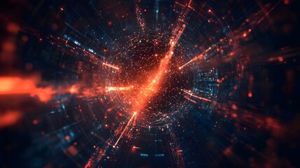 Poster - Abstract Digital Tunnel with Glowing Red and Blue Lines and Particles