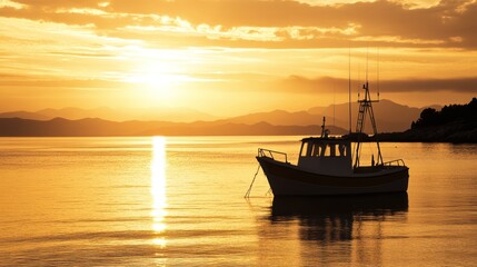 Wall Mural - A serene sunset view with a boat on calm waters.