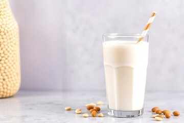 A glass of fresh soy milk with soybeans. Ideal for vegan, healthy living, and plant-based nutrition content.