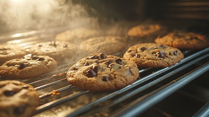 Wall Mural - Close-up of delicious chocolate chip cookies baking perfectly in the oven with a golden crispy crust new beautiful stock image illustration AI