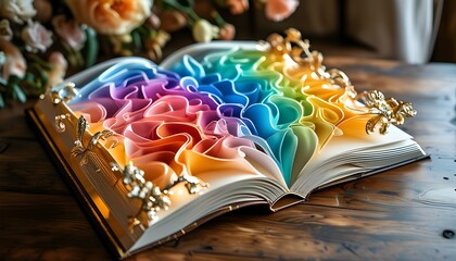 Wall Mural - Opulent gold rainbow hardcover book with blank pages, radiating luxury and elegance, ideal for sophisticated and artistic visual themes