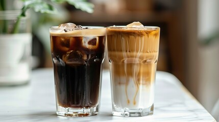 Artistic composition of two tall glasses, one with black iced coffee and the other with a latte with milk, arranged elegantly on a white