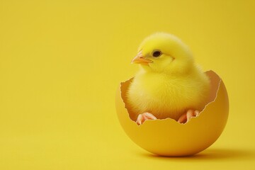 Little yellow chicks just hatched from an egg and sitting in the shell on a yellow background