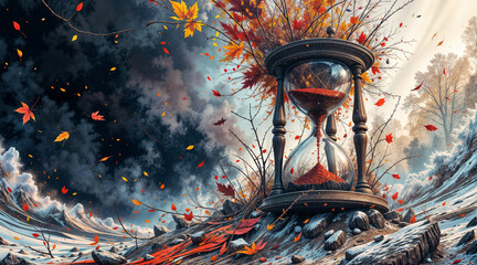 Poster - hourglass between autumn and winter seasons, concept of eternal time, interweaving of times and seasons. Generative AI
