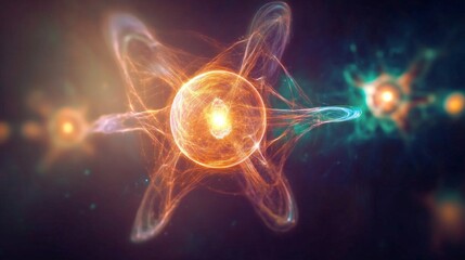 Poster - Visual representation of quantum entanglement illustrating atomic interactions and energy exchanges in a cosmic setting