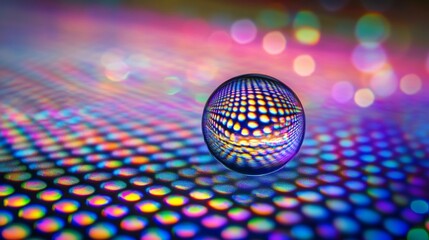 Poster - Colorful quantum dot technology displayed through a reflective sphere on a vibrant backdrop during a scientific demonstration