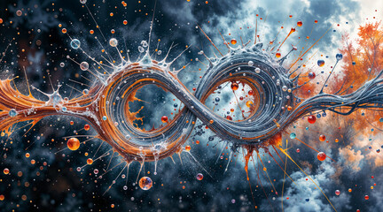 Poster - infinity symbol between autumn and winter seasons, concept of eternal time, interweaving of times and seasons. Generative AI