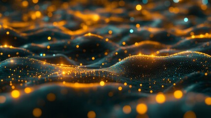 Poster - Intricate 3D visualization of quantum fields displaying glowing particles and energy waves in a vast grid-like structure
