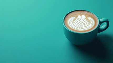 Wall Mural - Green mug with latte art on a teal background.