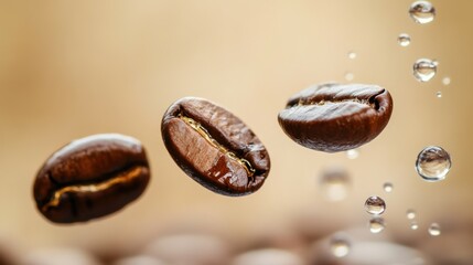 Coffee Beans Suspended with Water Droplets