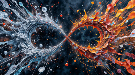 Poster - infinity symbol between autumn and winter seasons, concept of eternal time, interweaving of times and seasons. Generative AI