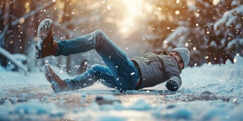 A man is falling in the snow and wearing a hat