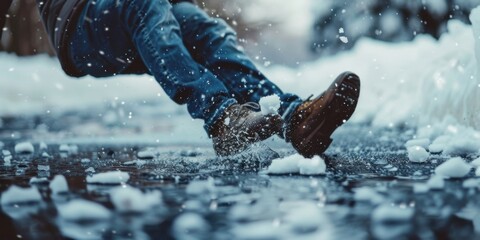 A person is falling in the snow with their feet in the water