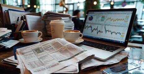Fototapete - A desk cluttered with financial newspapers, coffee, and a laptop showing live trading data. Generative AI.