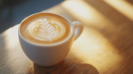 Wall Mural - Latte Art in a White Cup on a Wooden Table.