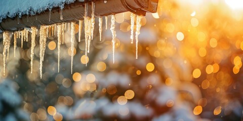 Wall Mural - A roof covered in icicles with a bright orange sky in the background