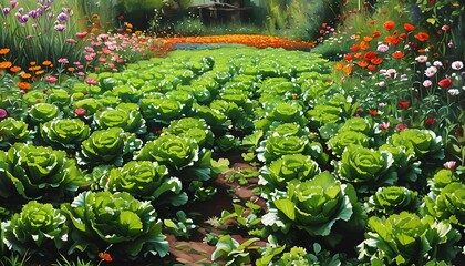 Vibrant green lettuce leaves flourishing in a lush garden bed