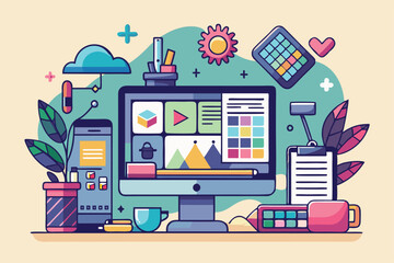 Poster - A colorful and modern workspace features devices and tools for designing customizable prototypes and illustrations, Customizable Semi Flat Illustration Prototyping