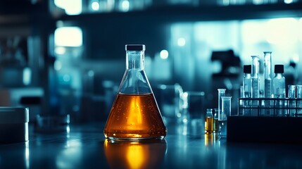 Poster - A Single Erlenmeyer Flask Filled With Amber Liquid in a Lab Setting