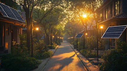 A quiet residential street illuminated by solar-powered streetlights, each equipped with sleek solar panels, with sunlight filtering through the trees in a sustainable urban environment.