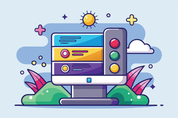 Fototapete - A vibrant illustration features a computer monitor displaying colorful graphics amidst greenery and clouds, Customizable semi-flat illustration that can be toggled.