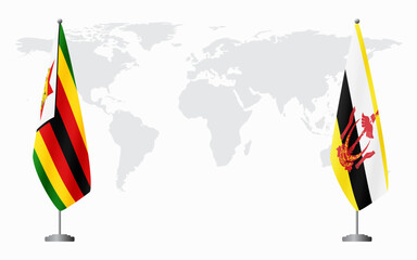 Zimbabwe and Brunei flags for official meeting against background of world map.